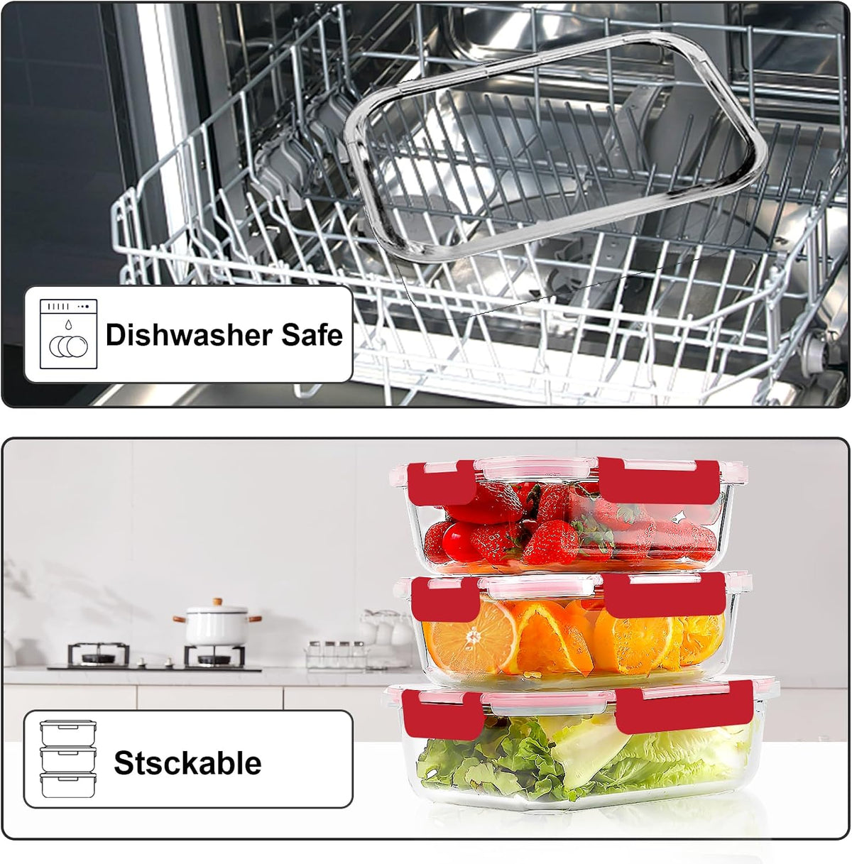 Glass Meal Prep Containers with Red Lids, 10 Pack, view 5