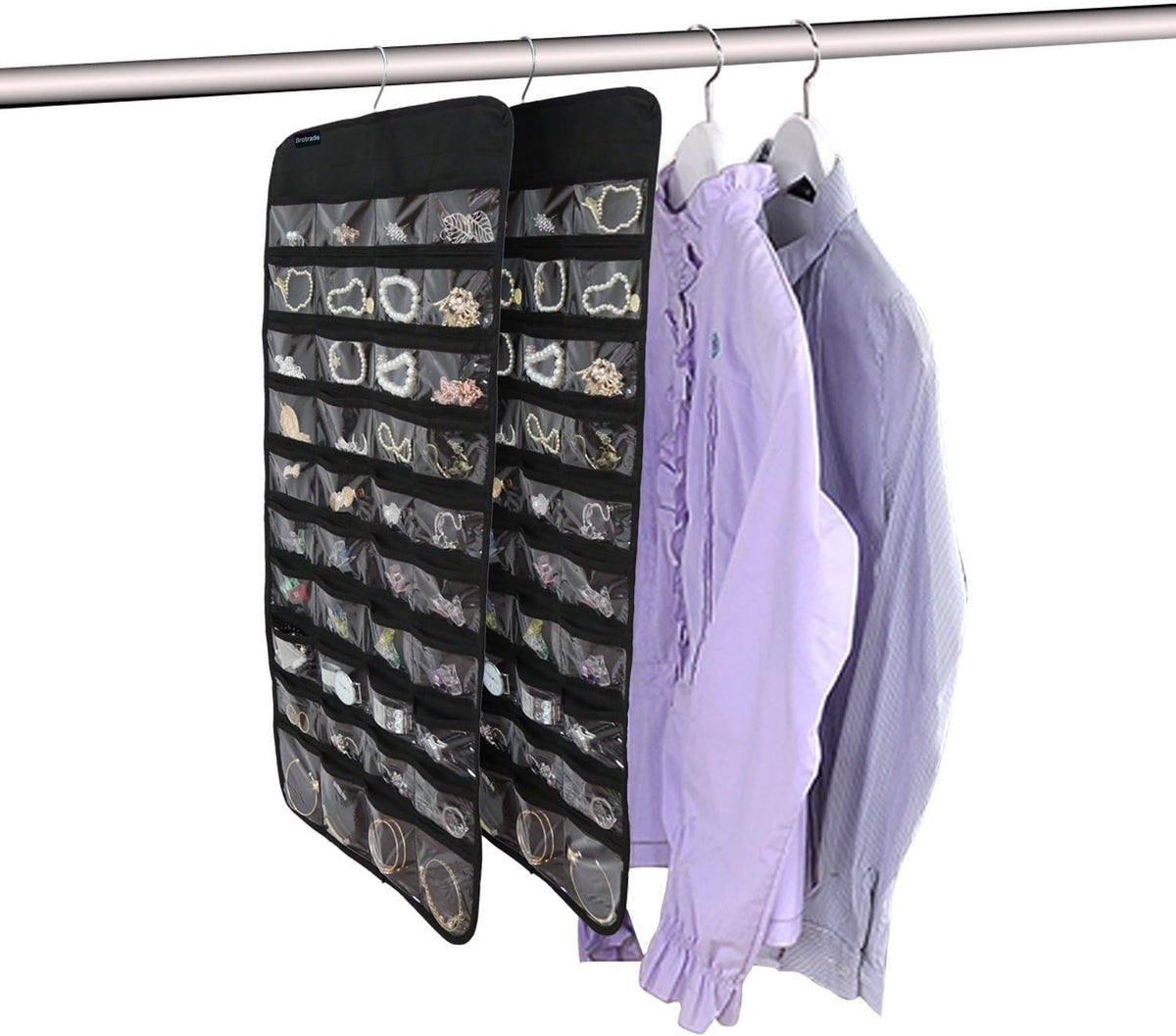 Hanging Jewellery Organiser with 80 Clear Pockets, Black, view 7