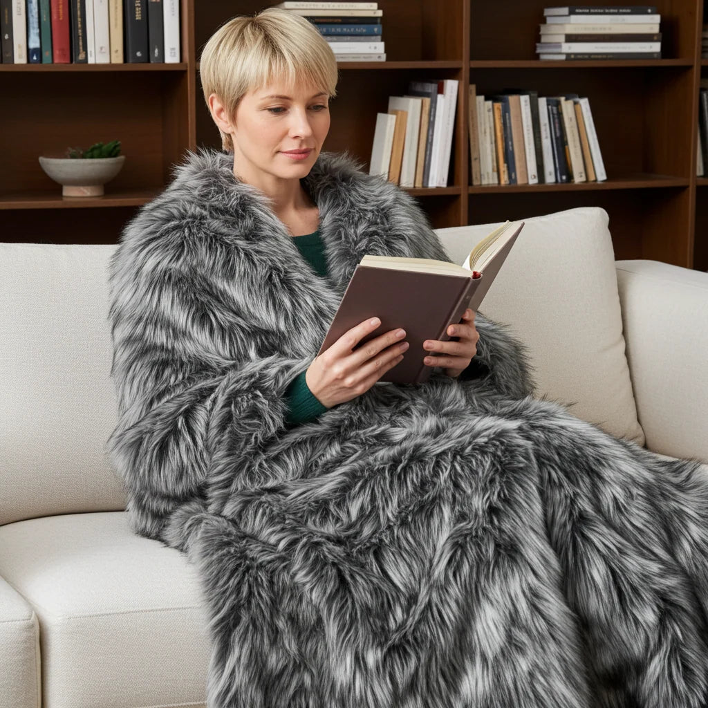 Wolf Faux Fur Grey Luxury Throw