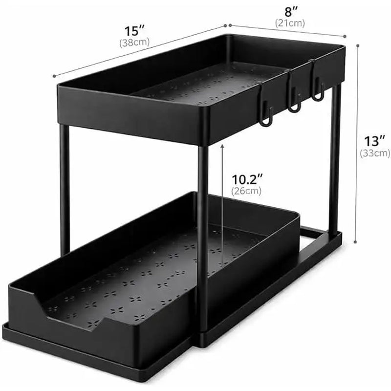 2 Tier Sliding under Sink Organizer with 5 Side Hooks and 3 Detachable Hanging Baskets