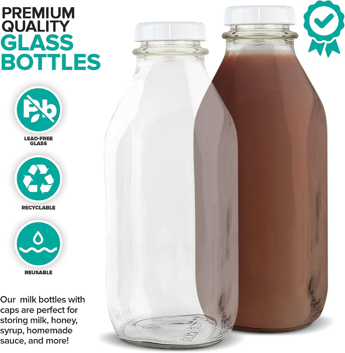 Glass Milk Bottle with Three Caps, 1 Litre, view 3