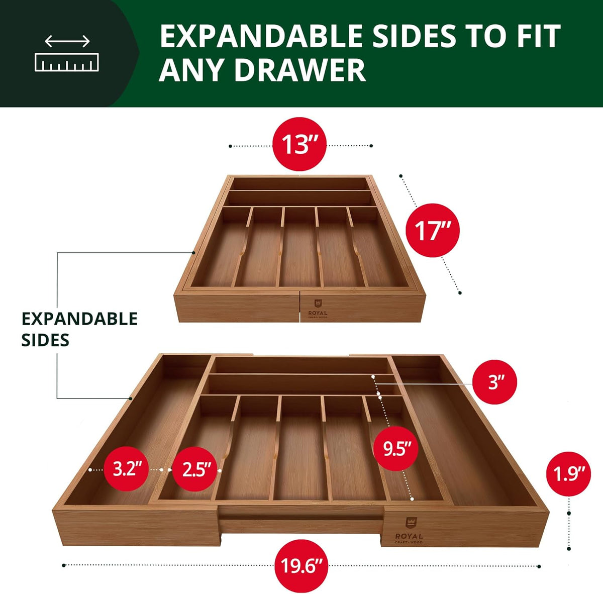 Expandable Bamboo Cutlery Drawer Organiser, 9 Compartments, view 2