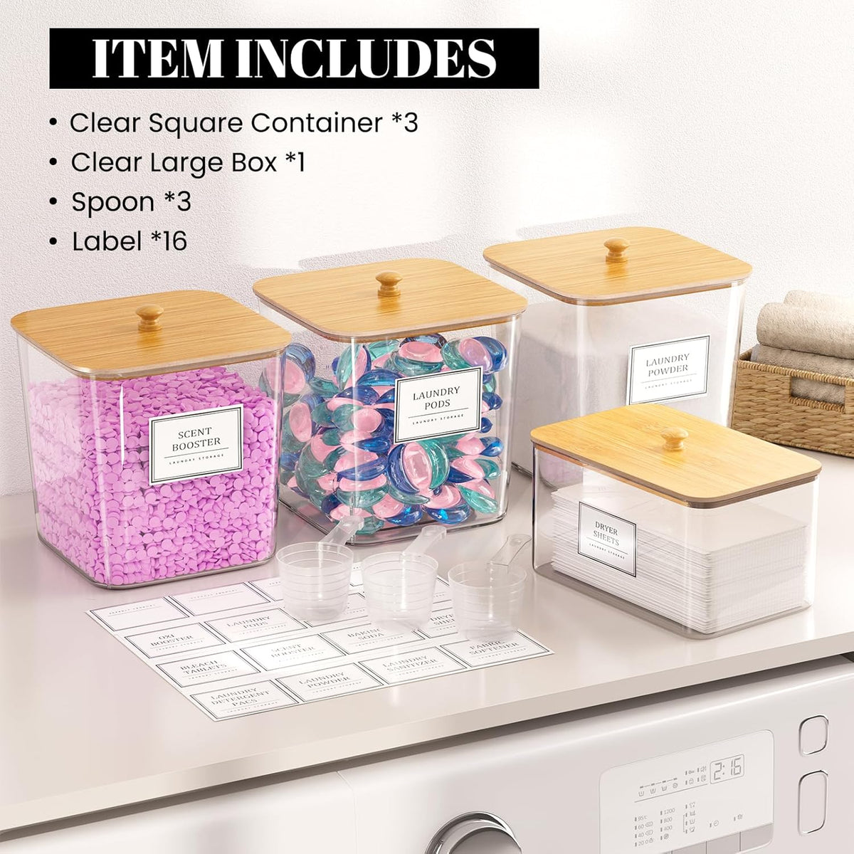 Clear Laundry Storage Containers with Wooden Lids, 3 + 1 Set, view 5