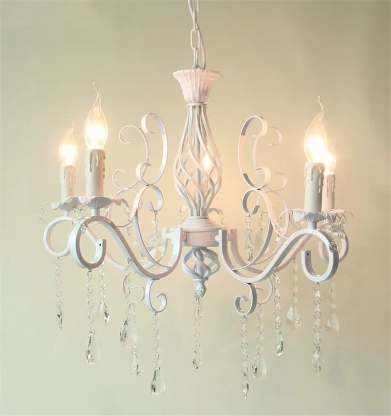 Home Vintage Wrought Iron Crystal Chandelier White Ceiling Lamp E14 Candle Lights Lighting Fixture
