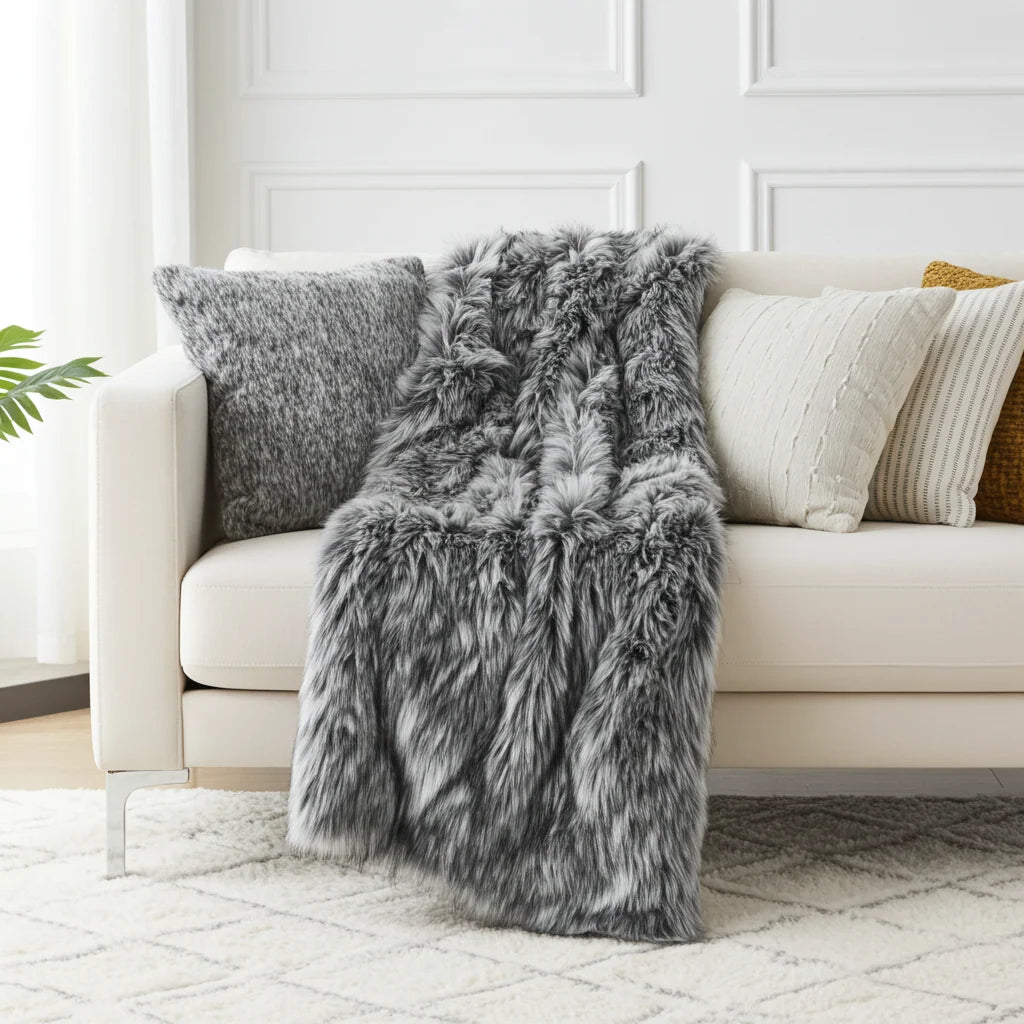 Wolf Faux Fur Grey Luxury Throw
