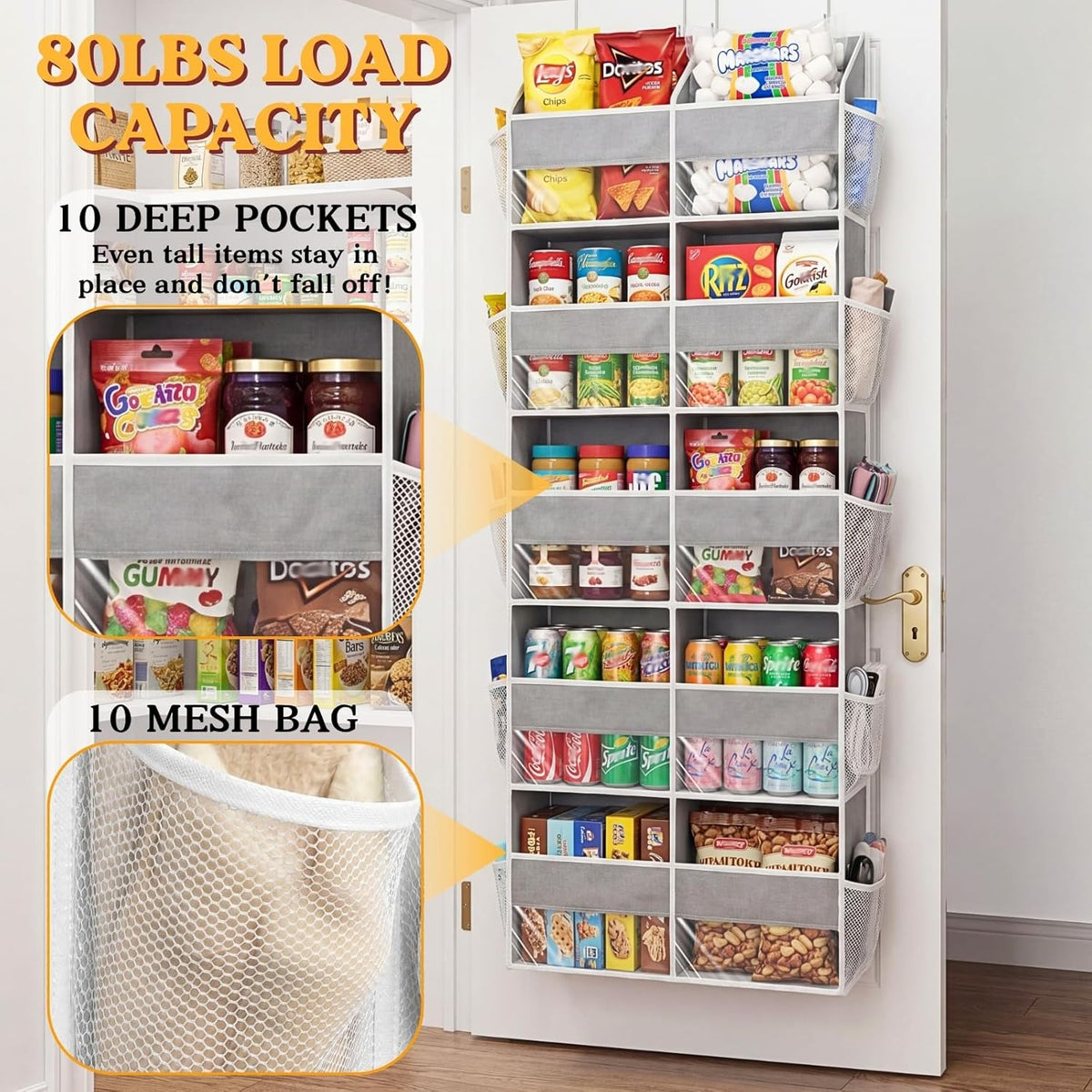 Over the Door Organiser with 10 Pockets, Light Grey, view 3