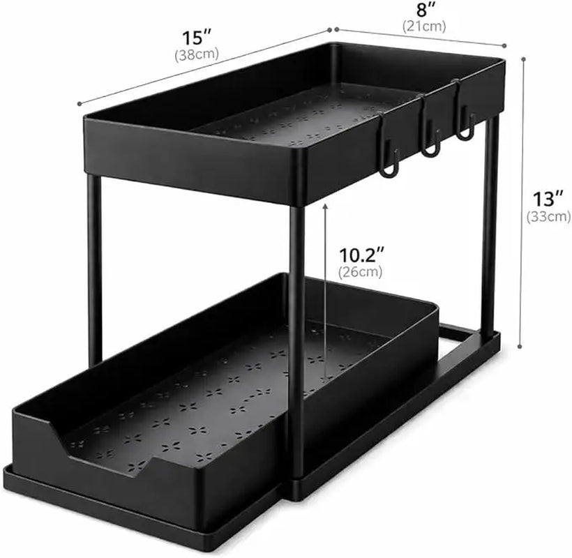 2 Tier Sliding under Sink Organizer with 5 Side Hooks and 3 Detachable Hanging Baskets