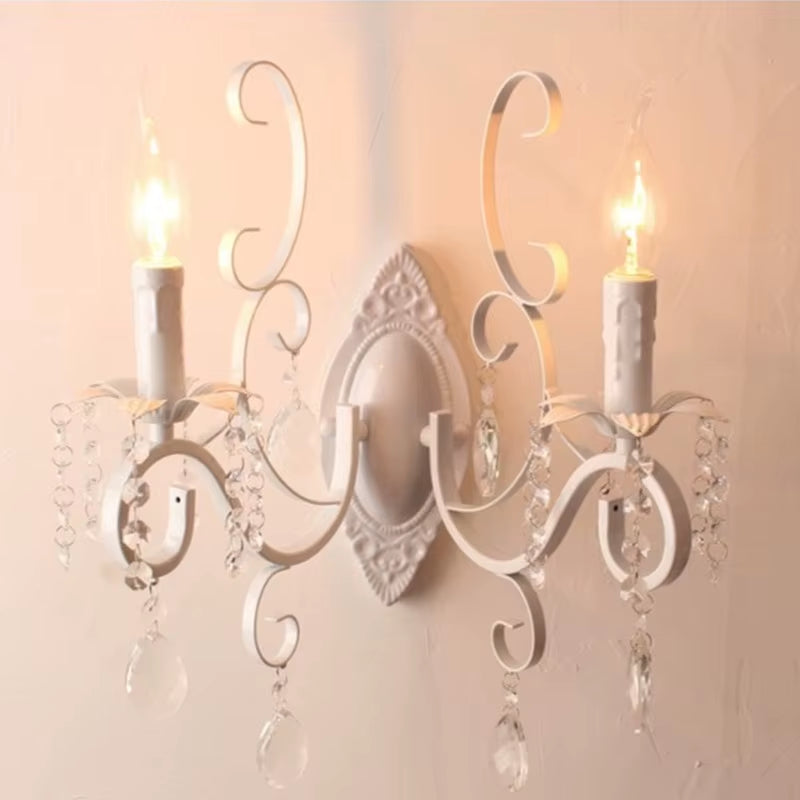 Home Vintage Wrought Iron Crystal Chandelier White Ceiling Lamp E14 Candle Lights Lighting Fixture