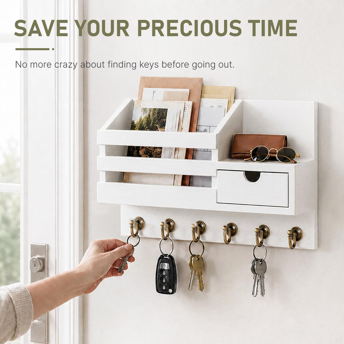 Wall Mounted Key and Mail Holder with Drawer, White, view 6