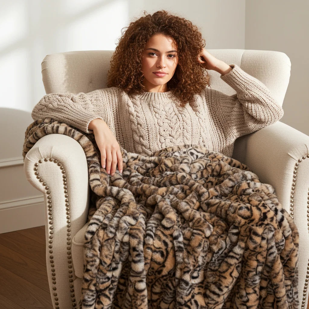 Plutus Natural Leopard Sharpei Faux Fur Luxury Throw Blanket