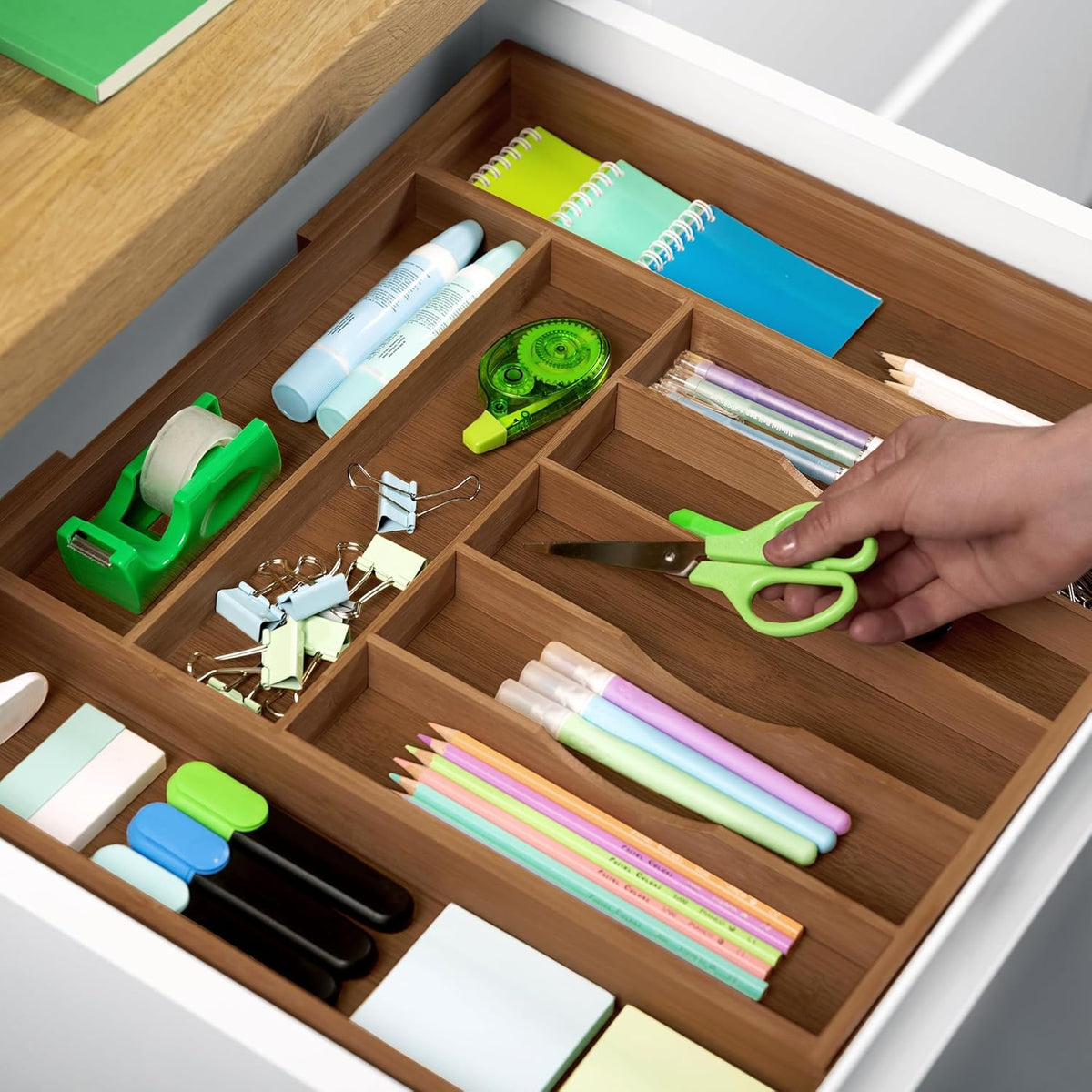 Expandable Bamboo Cutlery Drawer Organiser, 9 Compartments, view 5