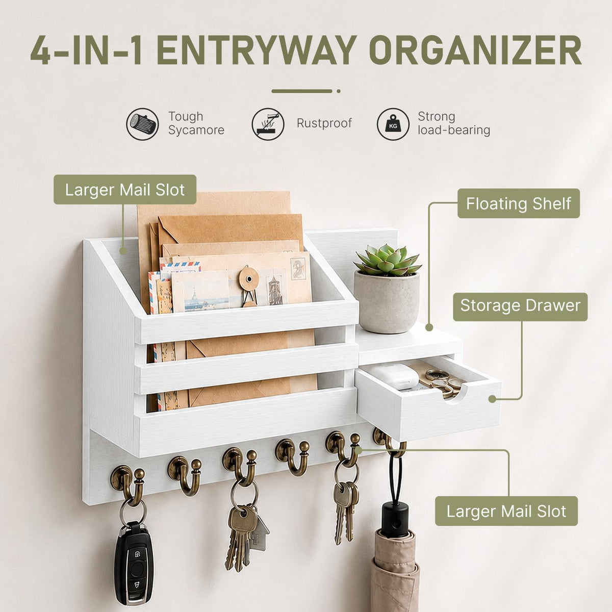 Wall Mounted Key and Mail Holder with Drawer, White, view 5