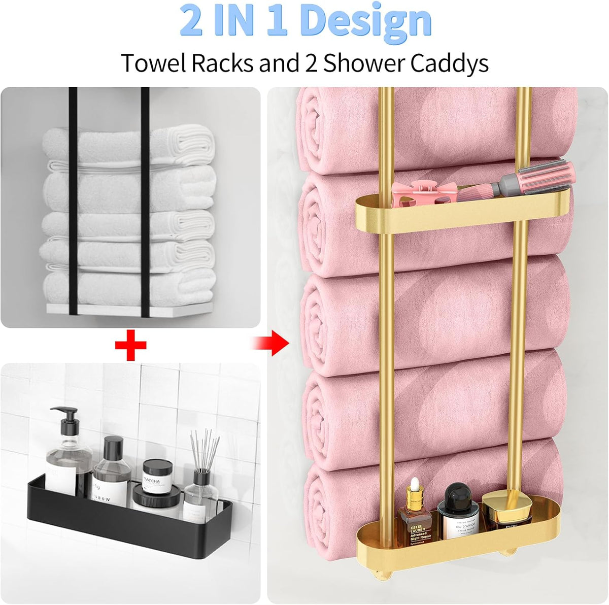 Wall Mounted Towel Rack with Shelf, Gold, view 2