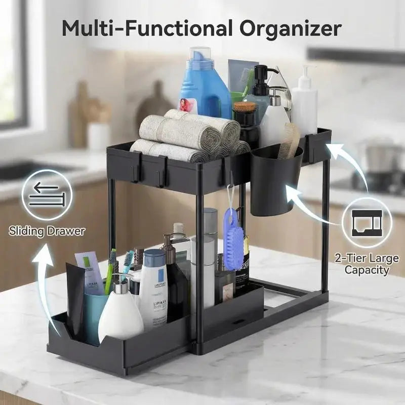 2 Tier Sliding under Sink Organizer with 5 Side Hooks and 3 Detachable Hanging Baskets