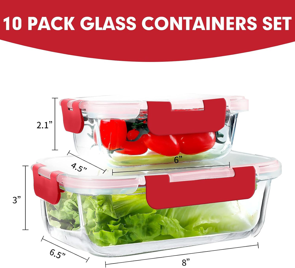 Glass Meal Prep Containers with Red Lids, 10 Pack, view 2