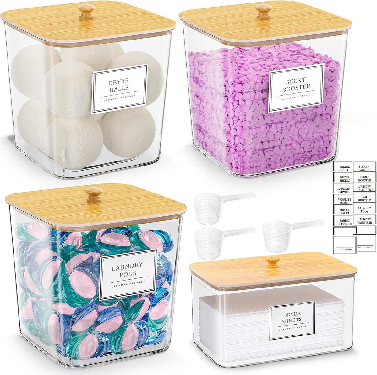 Clear Laundry Storage Containers with Wooden Lids, 3 + 1 Set
