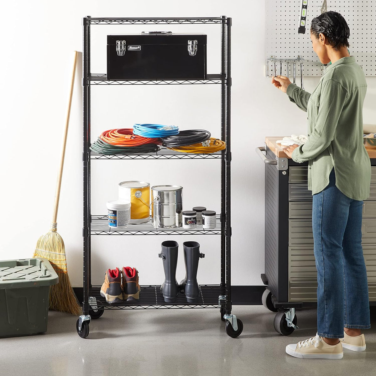 Five Shelf Storage Unit on Wheels, Black, view 2