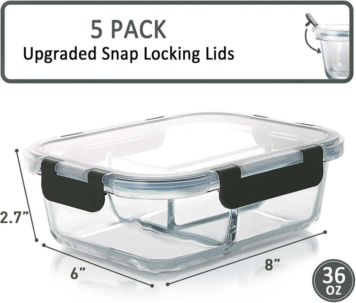 Glass Food Containers with Clip Lids, 1050 ml, Pack of 5, view 2