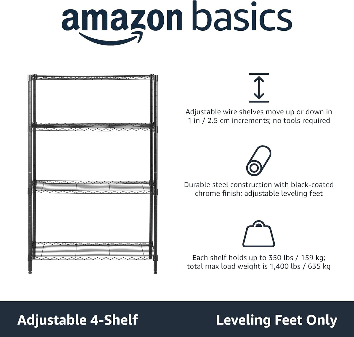 Four Shelf Storage Unit, Black, view 4