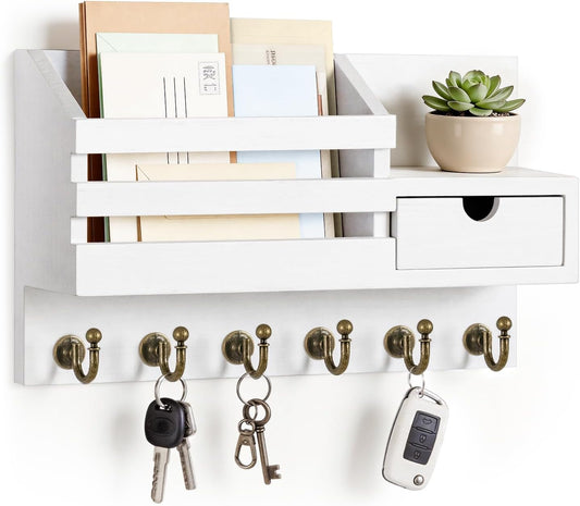 Wall Mounted Key and Mail Holder with Drawer, White