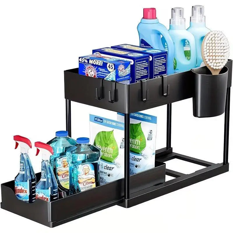 2 Tier Sliding under Sink Organizer with 5 Side Hooks and 3 Detachable Hanging Baskets