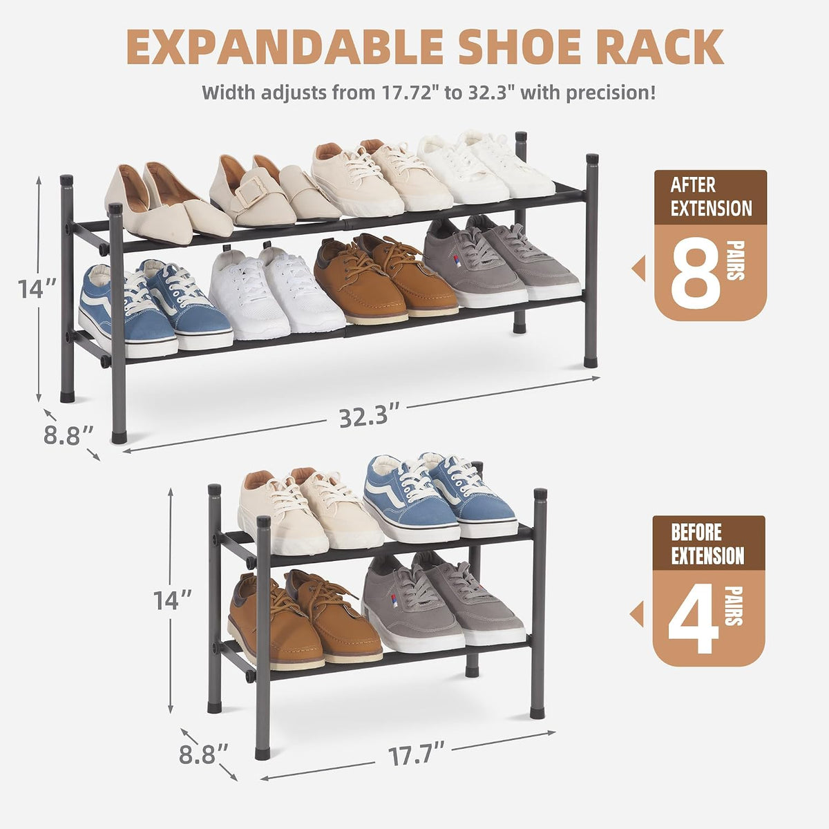 Expandable Two Tier Shoe Rack, Black, view 3