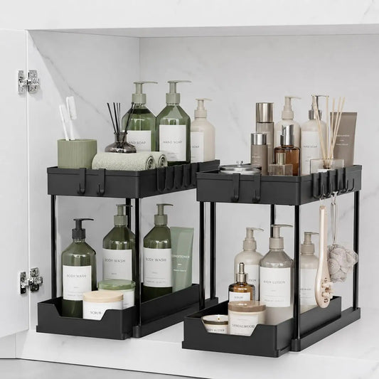 2 Tier Sliding under Sink Organizer with 5 Side Hooks and 3 Detachable Hanging Baskets