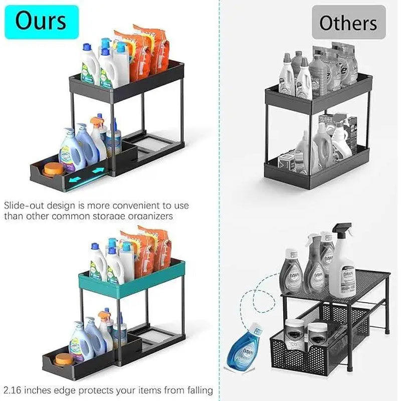 2 Tier Sliding under Sink Organizer with 5 Side Hooks and 3 Detachable Hanging Baskets