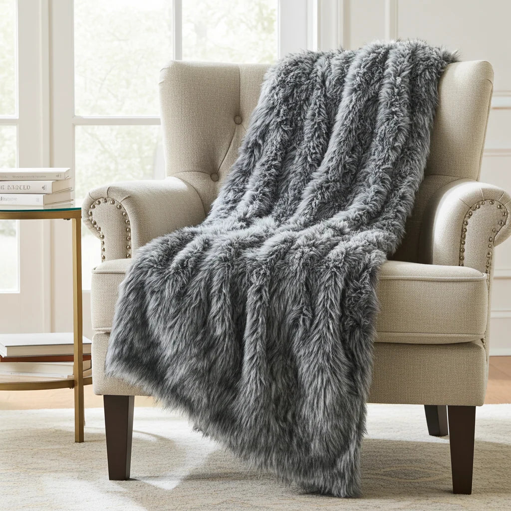 Wolf Faux Fur Grey Luxury Throw