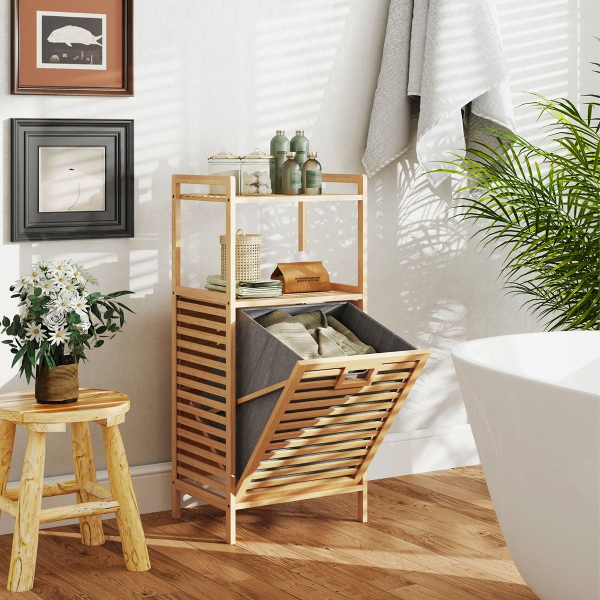 Tilt Out Laundry Hamper with 2-Tier Storage Shelves