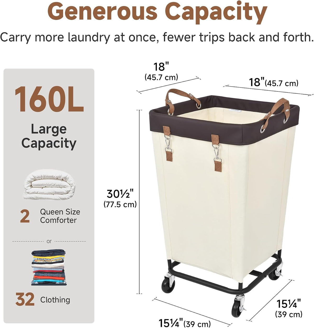 Rolling Laundry Basket on Wheels, 160 Litre, Beige, view 3