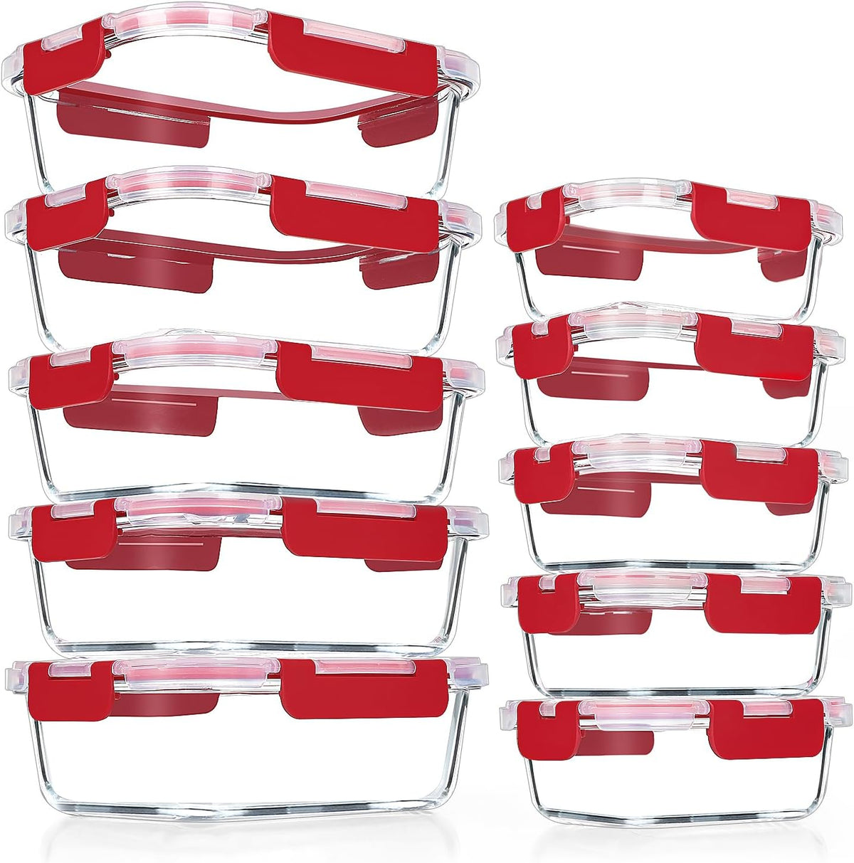 Glass Meal Prep Containers with Red Lids, 10 Pack