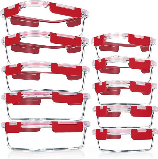 Glass Meal Prep Containers with Red Lids, 10 Pack