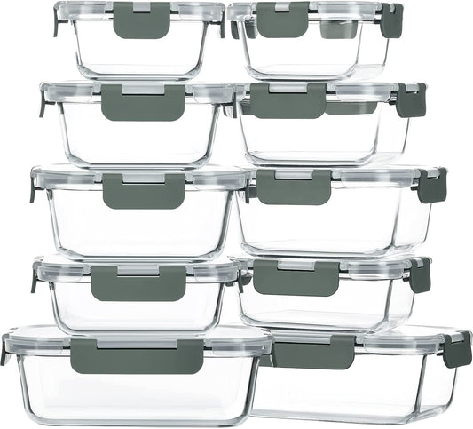 Glass Food Storage Containers with Grey Lids, 10 Pack