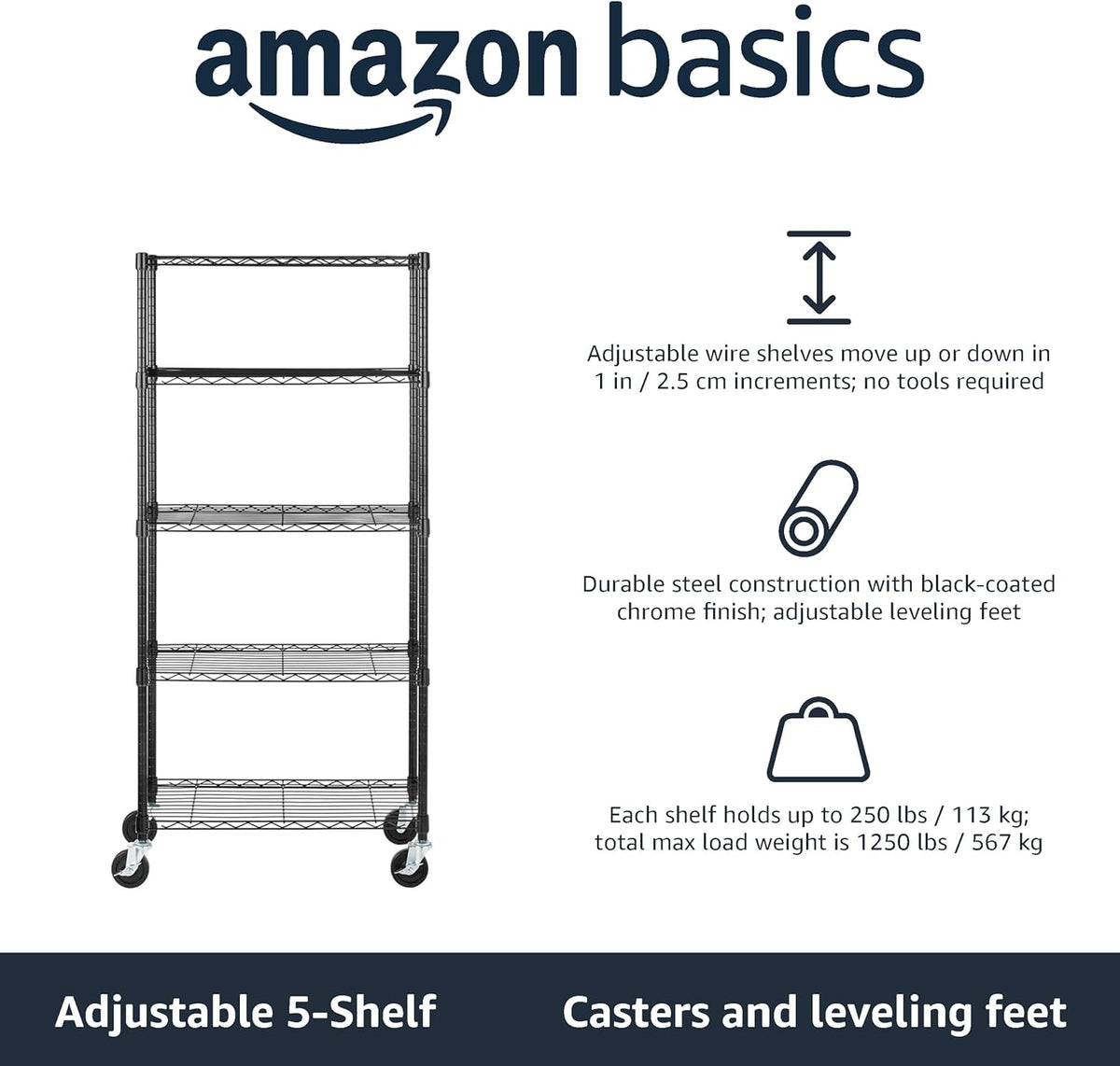 Five Shelf Storage Unit on Wheels, Black, view 3