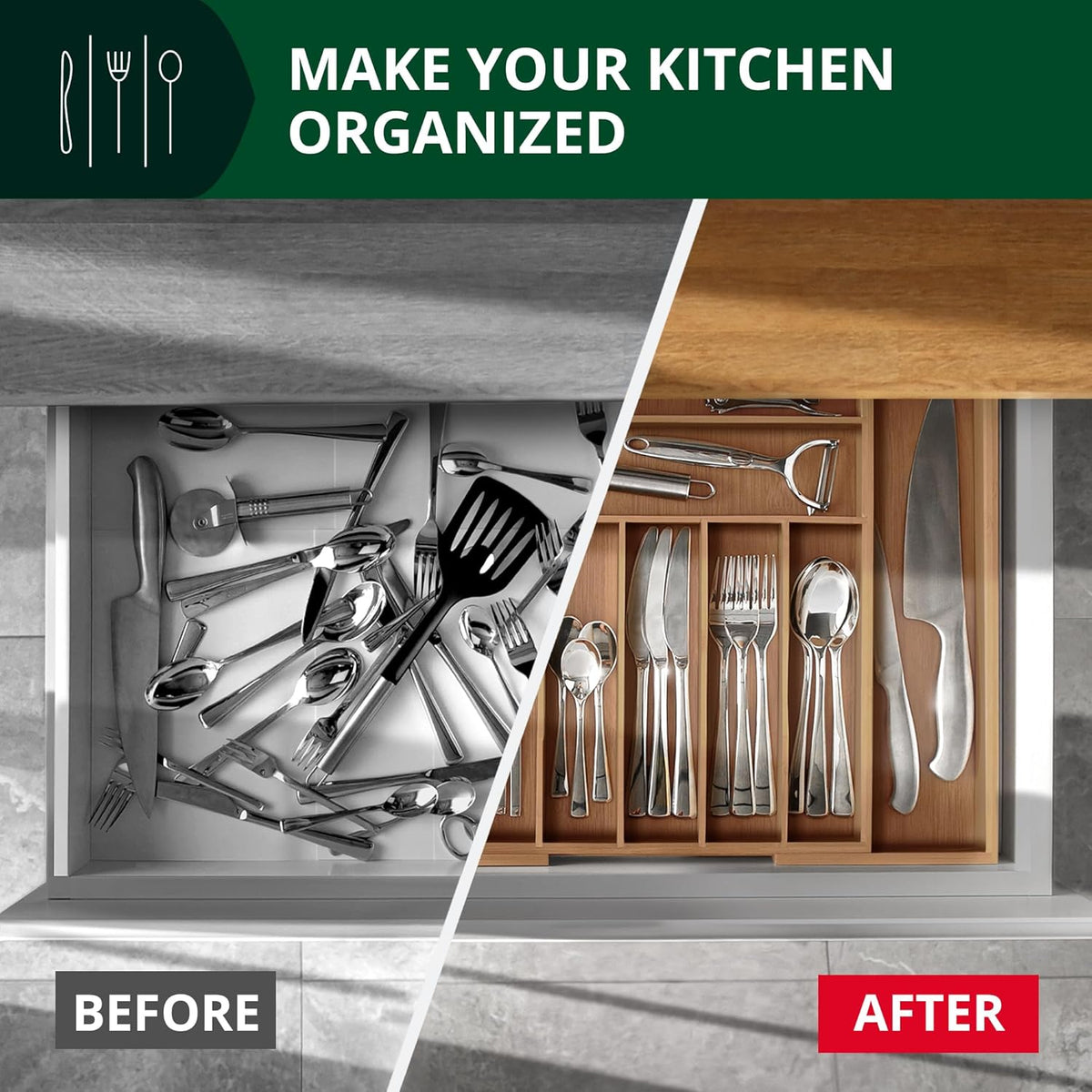 Expandable Bamboo Cutlery Drawer Organiser, 9 Compartments, view 6