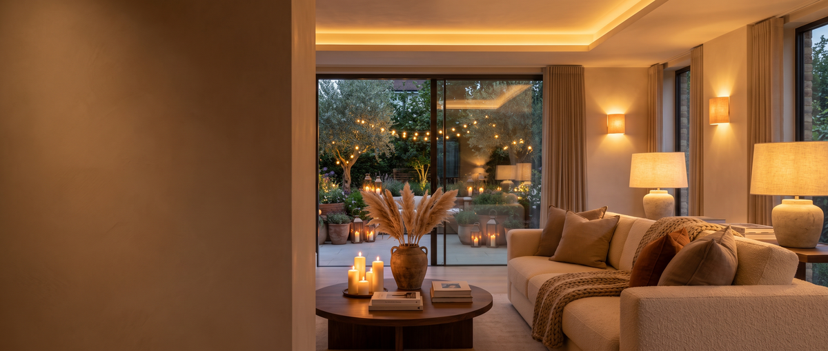 Warm living room at dusk with glowing lamps and a garden terrace lit by string lights