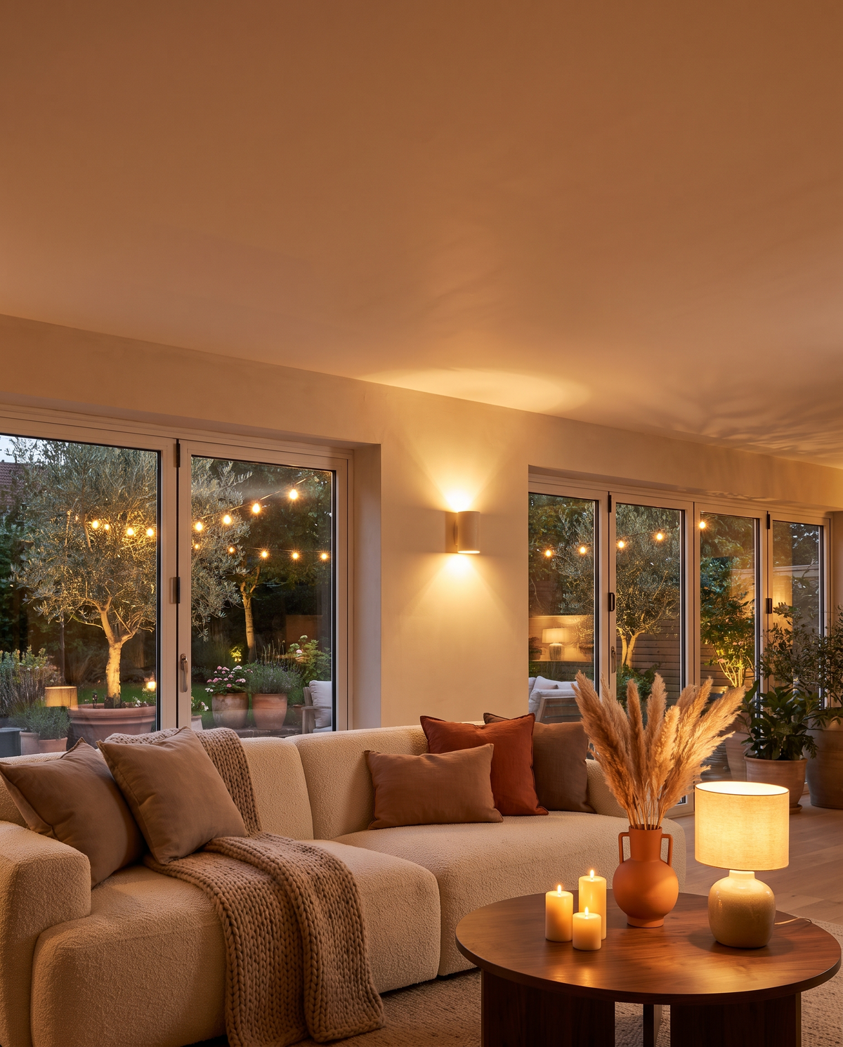 Warm living room at dusk with glowing lamps and a garden terrace lit by string lights