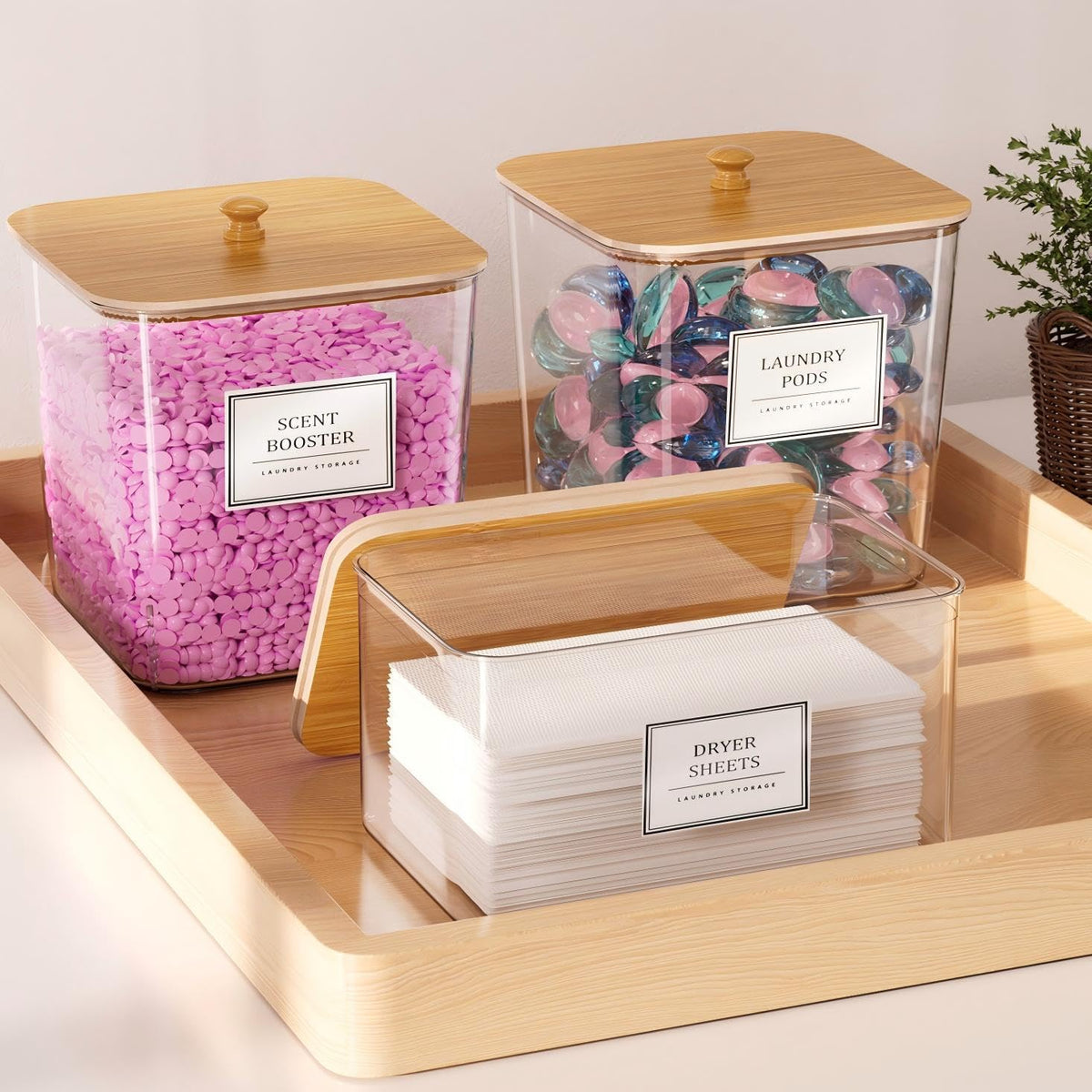 Clear Laundry Storage Containers with Wooden Lids, 3 + 1 Set, view 3