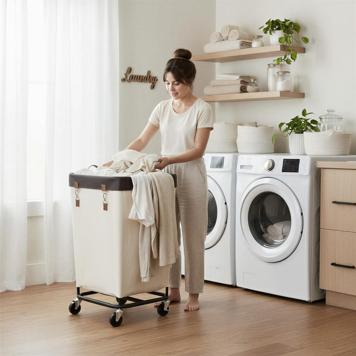 Rolling Laundry Basket on Wheels, 160 Litre, Beige, view 2