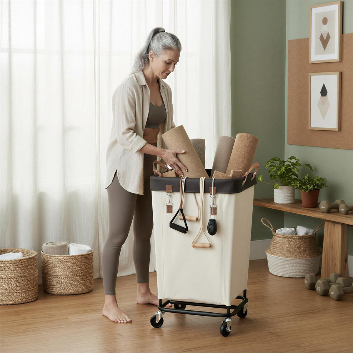 Rolling Laundry Basket on Wheels, 160 Litre, Beige, view 7