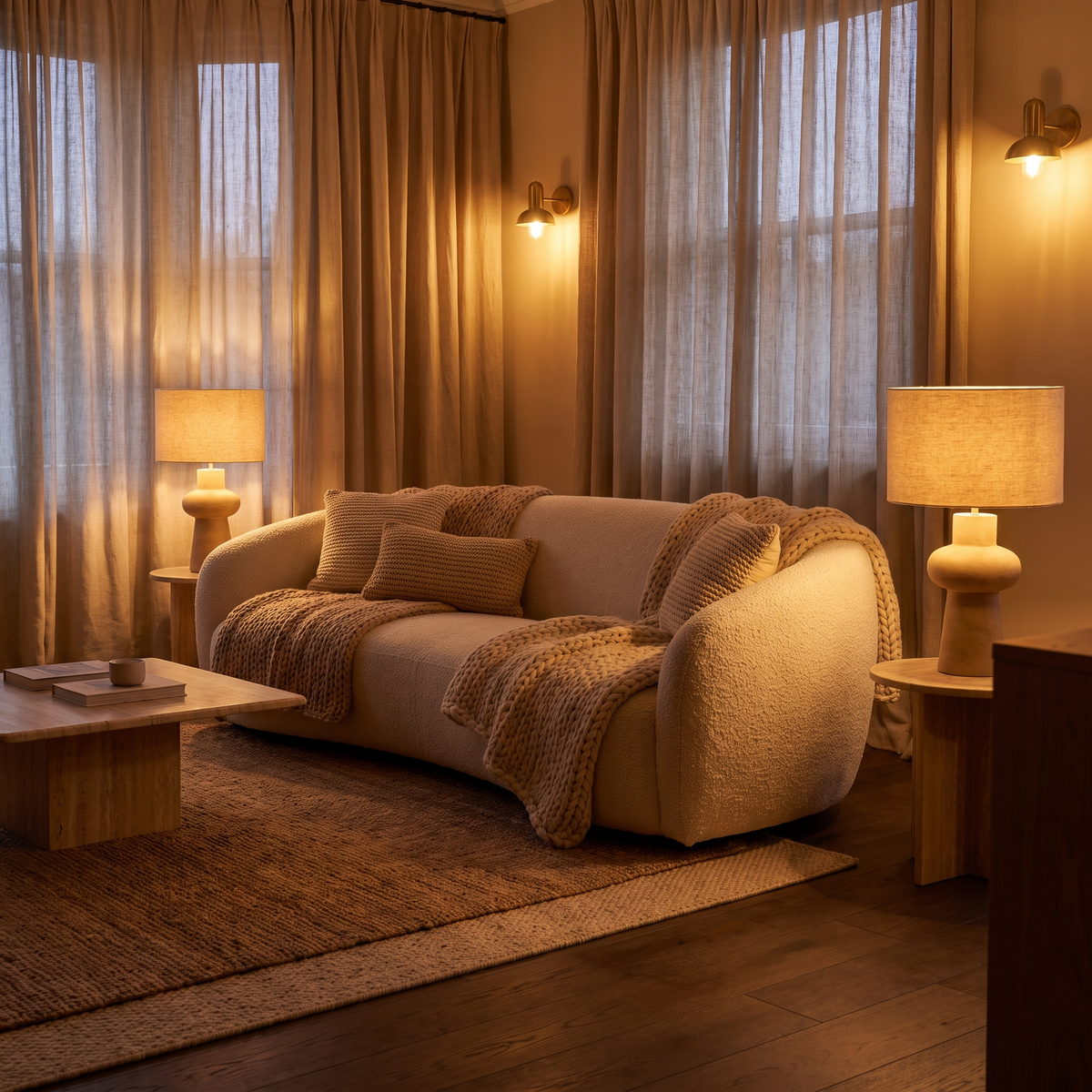 A warmly lit living room at dusk with soft lamplight and layered textures