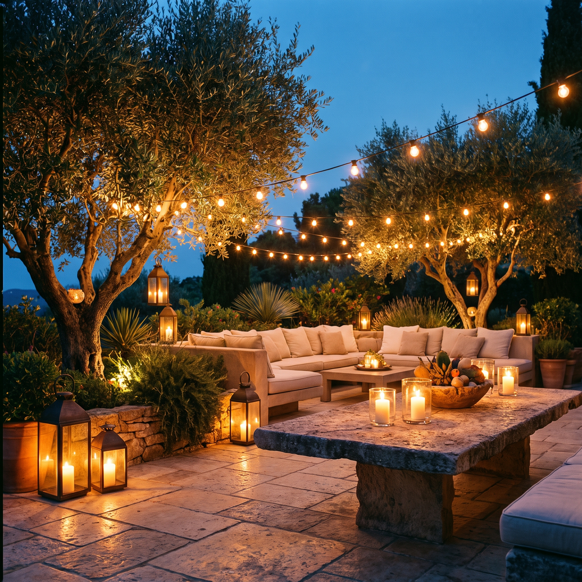 A garden terrace at dusk glowing with lanterns and string lights