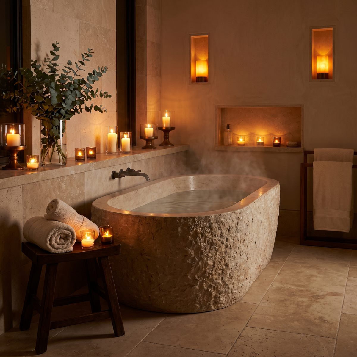 A calm spa-style bathroom lit by candlelight