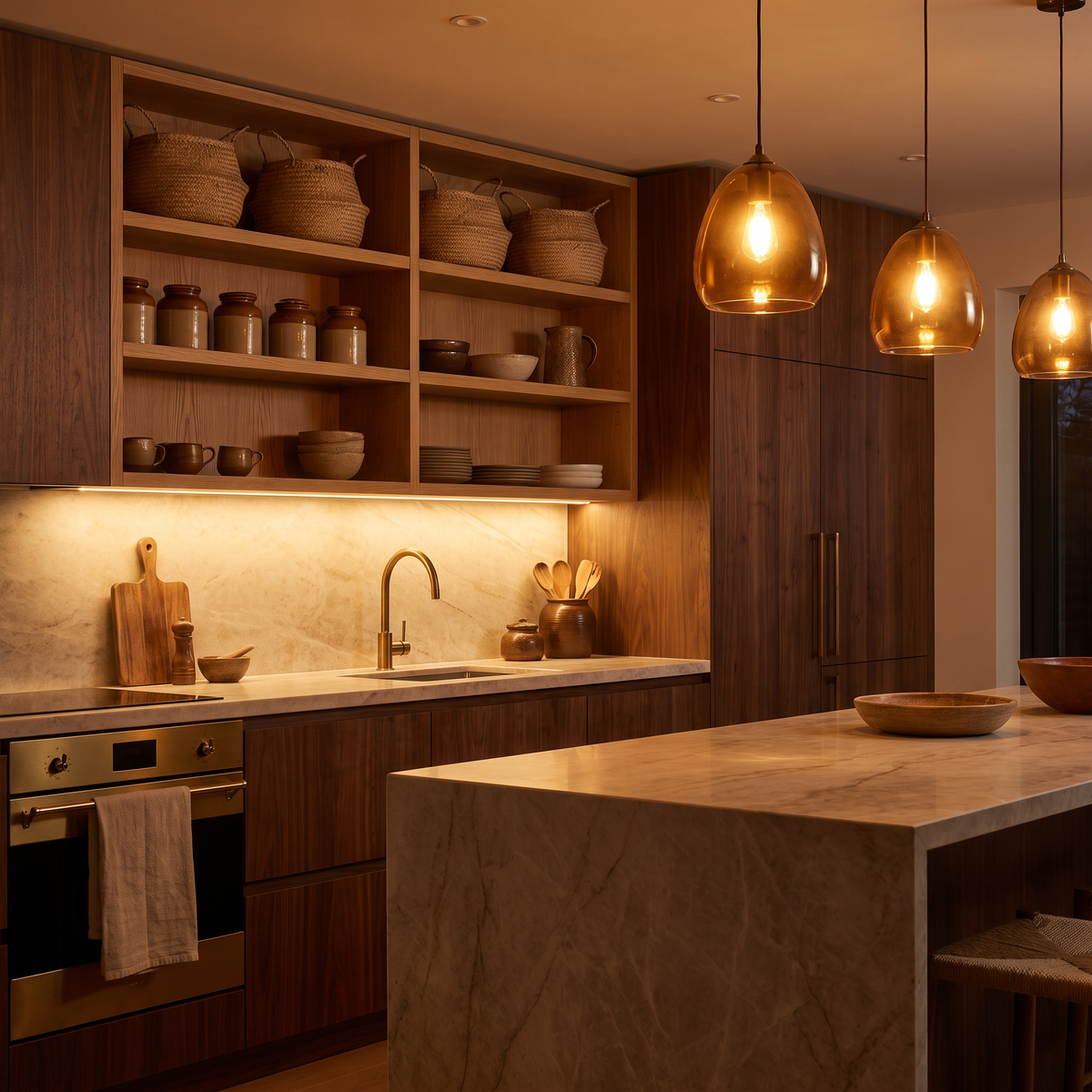 A warm walnut and marble kitchen with softly lit open shelving